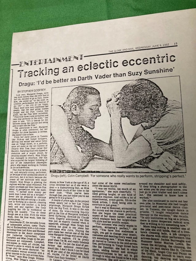 1982 Globe & Mail article, Toronto; Colin Campbell & Margaret performance; being famous was different back then