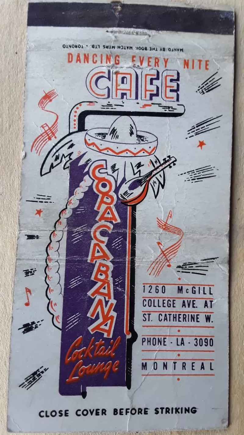 Archive photo from Historic Montreal Matchbook collection advertising Copa Cabana Nightclub, Montreal, Quebec
