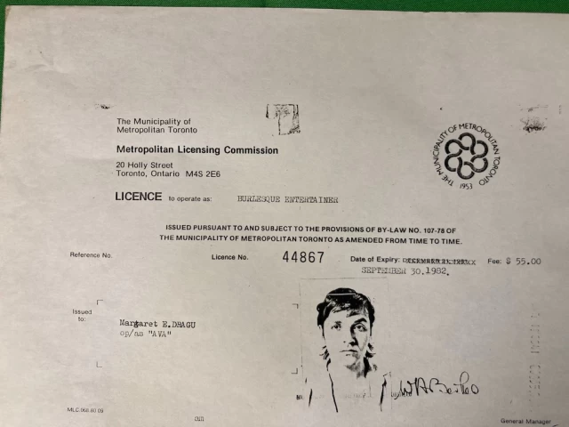Copy of Margaret's Burlesque Entertainer License, City of Toronto