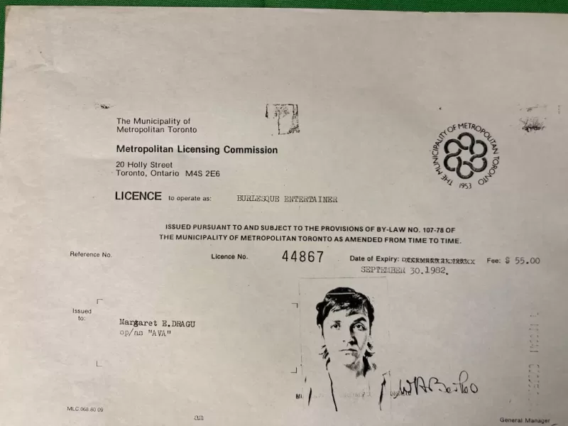 Copy of Margaret's Burlesque Entertainer License, City of Toronto