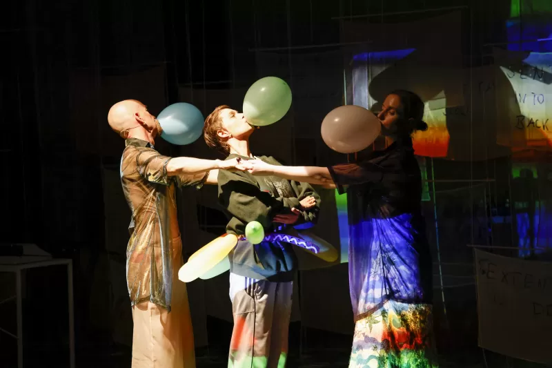 William, Britta and Kasia performing the vivat academia dance in Justine and Margaret's video projection, Tanzfabrik Berlin, June 2021 – photo by Anja Weber