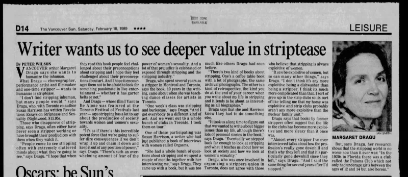 Writer wants us to see deeper value in striptease, The Vancouver Sun, 18 Feb 1989, P. 54