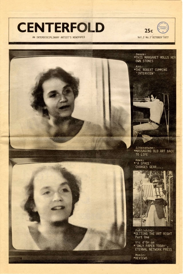 Centerfold Interdisciplinary Artists' Newspaper, Vol 2 No 1, October 1977, P. 1; editors, writers, publishers Marcella Biennnvenue & Clive Robertson