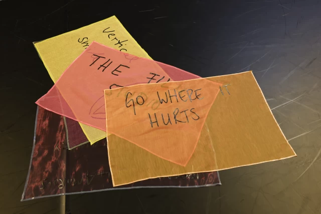Banners arranged on the floor, Tanzfabrik Berlin, June 2021 – photo by Anja Weber