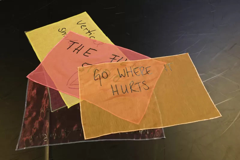 Banners arranged on the floor, Tanzfabrik Berlin, June 2021 – photo by Anja Weber