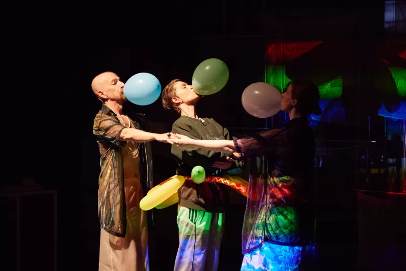 William, Britta and Kasia performing the vivat academia dance in Margaret and Justine's video projection, Tanzfabrik Berlin, June 2021 – photo by Anja Weber