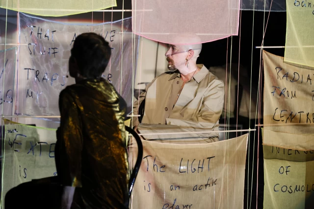 Britta, William and Nikola discussing which audio clip to play next, Tanzfabrik Berlin, June 2021 – photo by Anja Weber