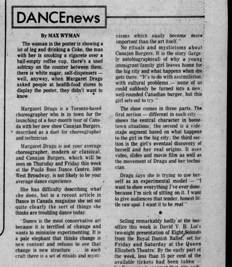 Max Wyman, DANCEnews, The Vancouver Sun, 13 Jul 1977, P. 45