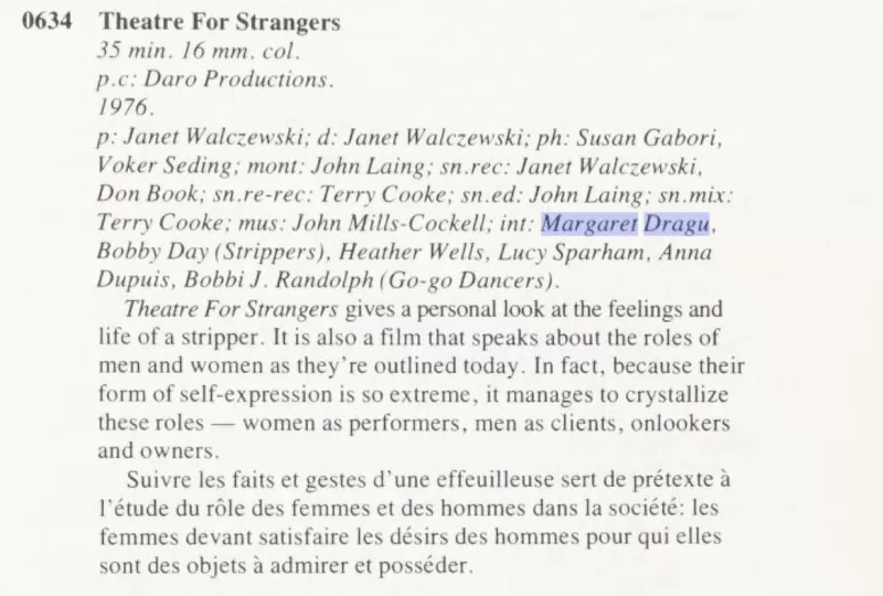 Film Canadiana, The Canadian Film Institute, 1977–1969, 1978 P. 63; the first documentary film about stripping Margaret worked on