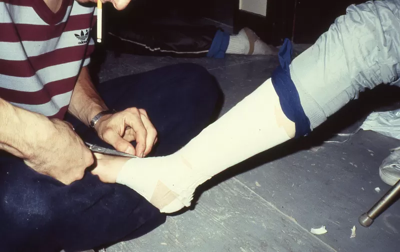 Colin Campbell and Margaret Dragu, Harbourfront Theatre dressing room; dressing room as hospital or MASH unit, Toronto, 1982–84