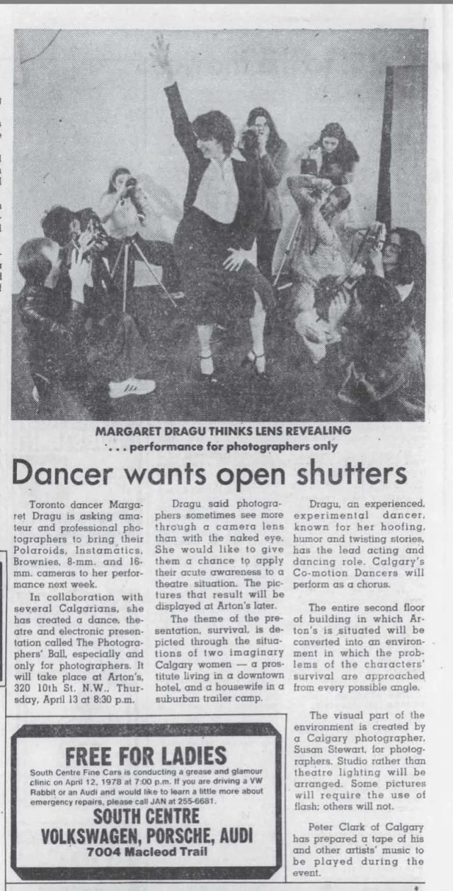 The Calgary Herald, 5 Apr 1978, P. 80; Artons Gallery, artist run centre, Marcella Bienvenue & Clive Robertson