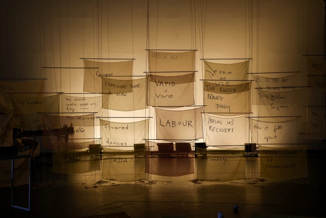 Backlit banners and stage, Tanzfabrik Berlin, June 2021 – photo by Anja Weber