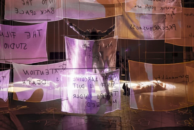 Britta performing the dream sequence dance with Kasia and William performing crowd members, Tanzfabrik Berlin, June 2021 – photo by Anja Weber