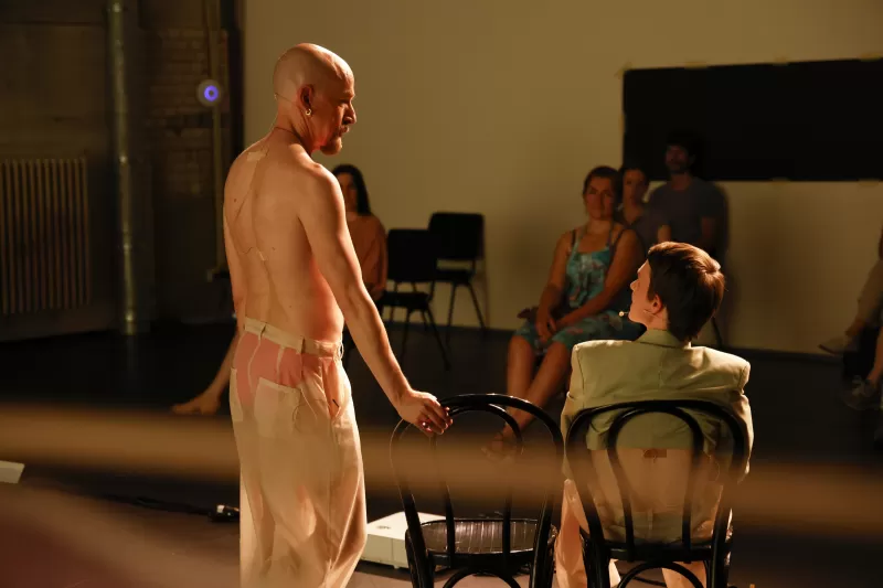 William and Britta in conversation, Tanzfabrik Berlin, June 2021 – photo by Anja Weber