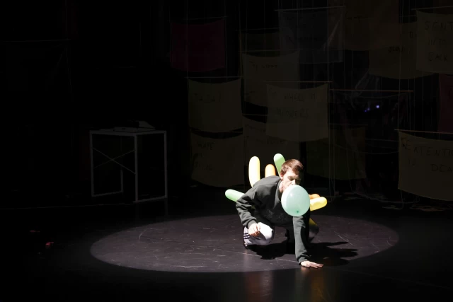 Britta performing the boobs-a-lot dance, Tanzfabrik Berlin, June 2021 – photo by Anja Weber