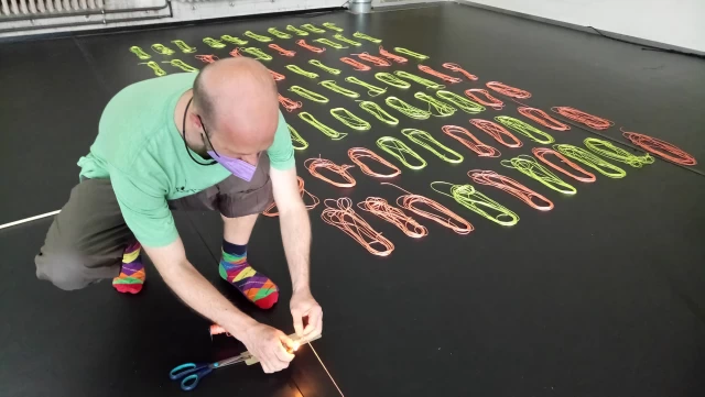 Production manager Dino Spiri helping out with stage design construction, Tanzfabrik Berlin, 2021