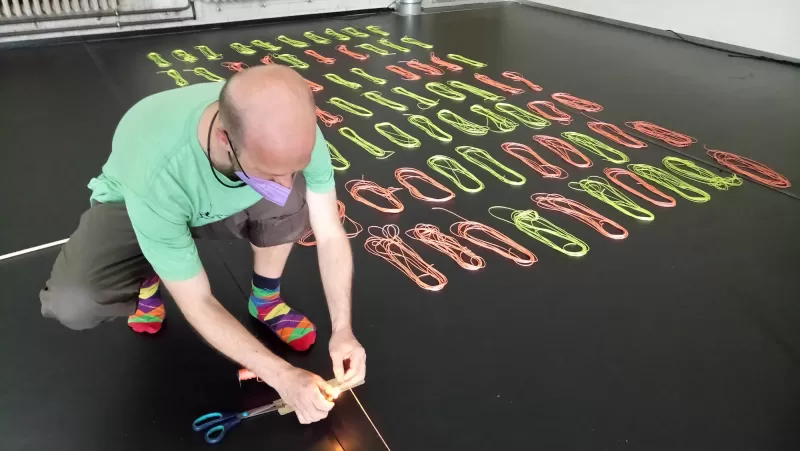 Production manager Dino Spiri helping out with stage design construction, Tanzfabrik Berlin, 2021