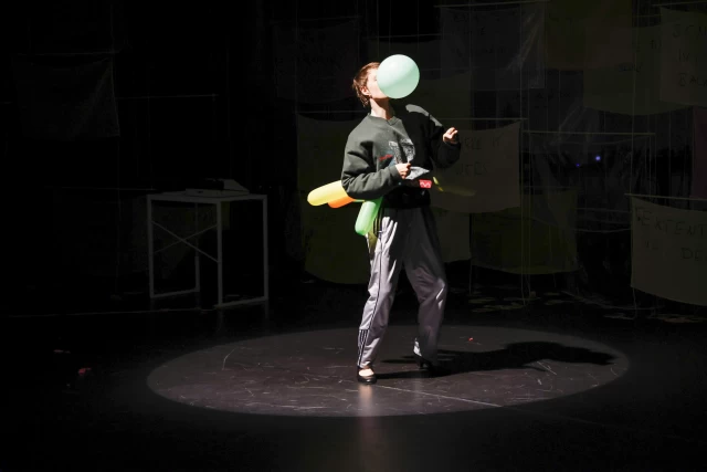 Britta performing the boobs-a-lot dance, Tanzfabrik Berlin, June 2021 – photo by Anja Weber