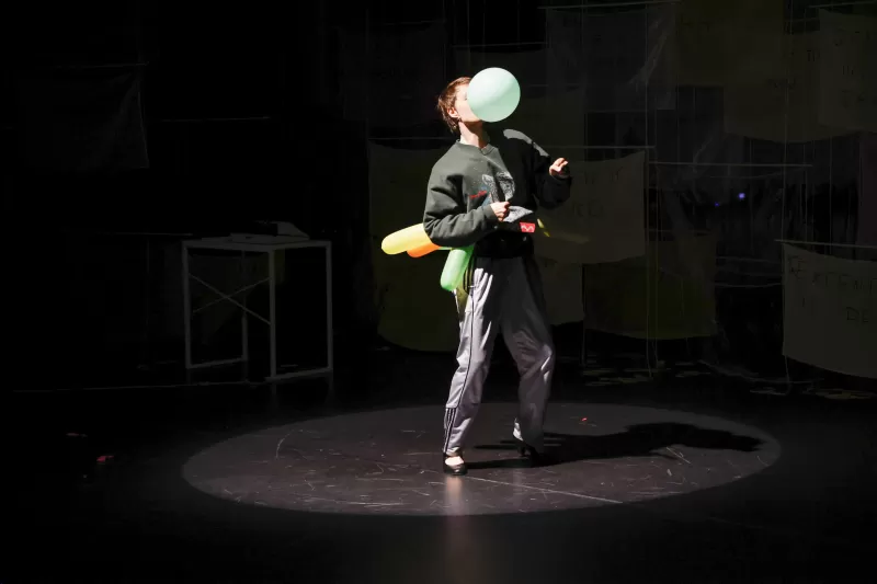 Britta performing the boobs-a-lot dance, Tanzfabrik Berlin, June 2021 – photo by Anja Weber