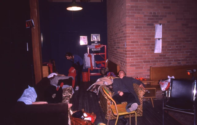 Exhausted modern dancers, Theatre Centre, Toronto; dressing rooms as refuge, home