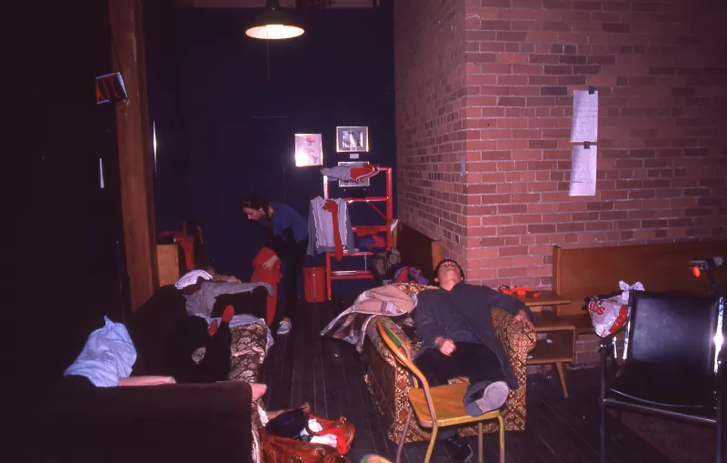 Exhausted modern dancers, Theatre Centre, Toronto; dressing rooms as refuge, home