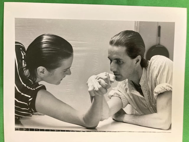 Colin Campbell & Margaret arm wrestle for camera and the press as PR before performance, DanceWorks, TDT Winchester Theatre
