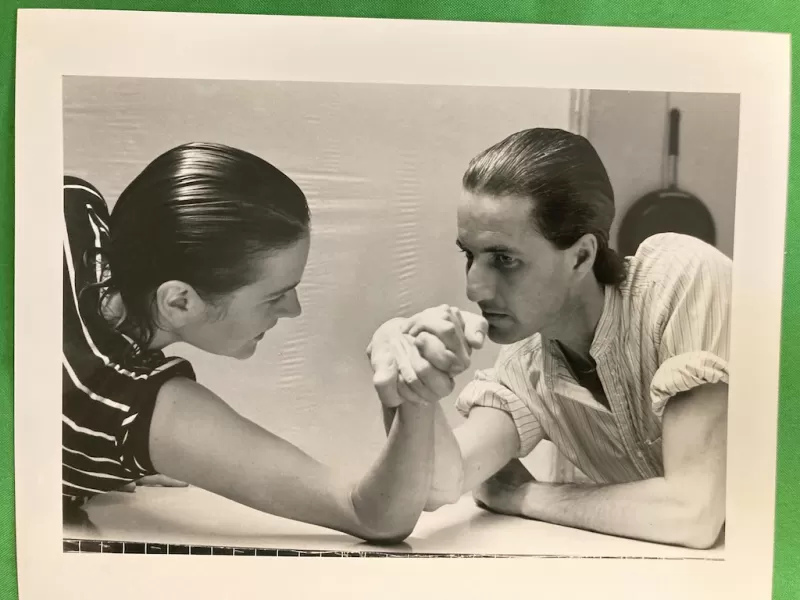 Colin Campbell & Margaret arm wrestle for camera and the press as PR before performance, DanceWorks, TDT Winchester Theatre
