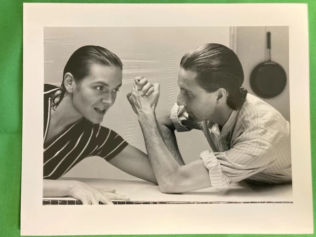 Colin Campbell & Margaret arm wrestle for camera and the press as PR before performance, DanceWorks, TDT Winchester Theatre